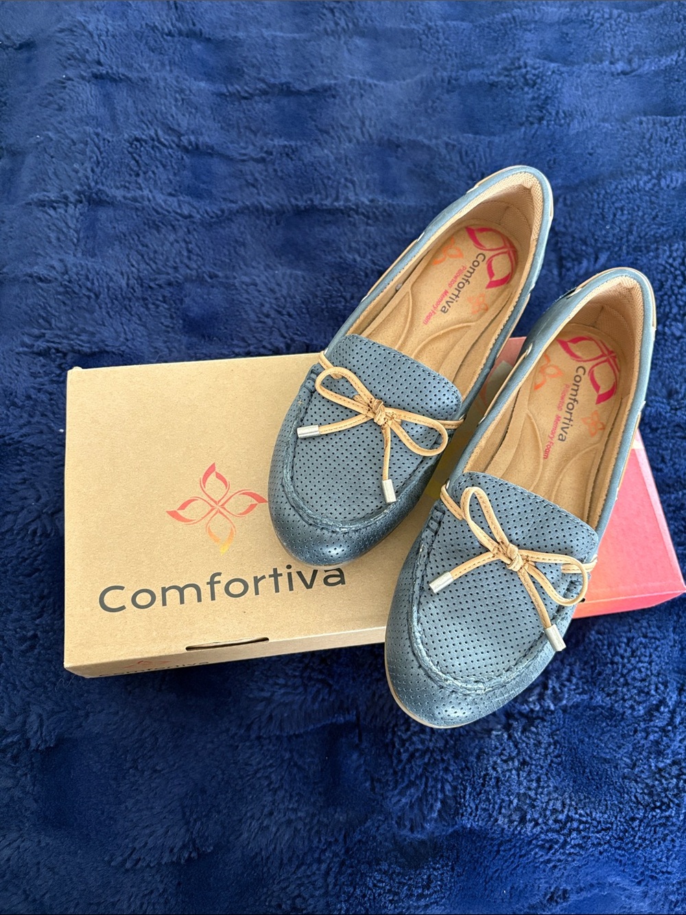 Comfortiva Navy Perforated Loafers with Tan Bow Accent
